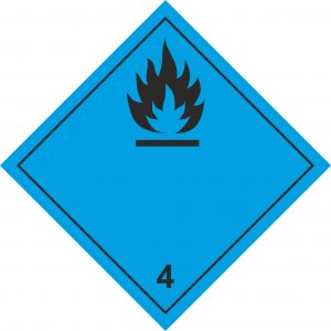 Знак опасности O4.3.1, "Вещества, выделяющие легковоспламеняющиеся газы при соприкосновении с водой", 250х250 мм, пленка