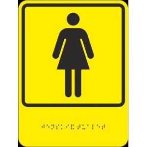 Знак ТП12 "обозначения женского общественного туалета", 150x200 мм, ПЭТ 2мм, клеевой слой, тактильная, лазерная резка, шрифт Брайля, лак